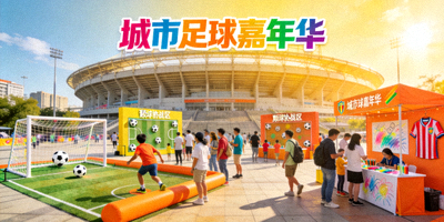 城市足球嘉年华活动案例 - 人群聚集在体育场外参与互动游戏